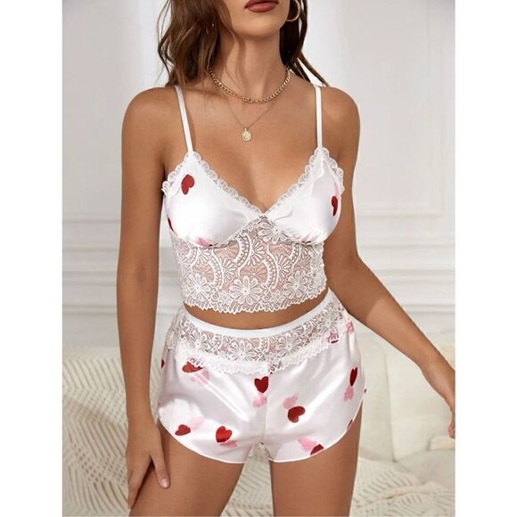 Sexy Lingerie Heart Print Lace Embroidered Strappy Sleepwear Set - Picture 7 of 10
